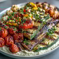 Grilled Veggie Platter with Hummus showcases colorful summer vegetables, perfectly charred and served with creamy homemade hummus for a healthy, vibrant side.  