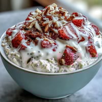 Strawberry vanilla overnight oats topped with fresh strawberries and sliced almonds in a glass jar.  