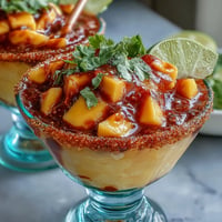 Vibrant frozen mango mocktail layered with tangy chamoy and zesty lime, rimmed with chili-lime spice for a festive Cinco de Mayo treat.