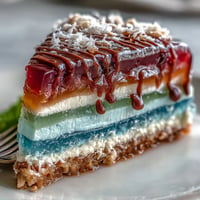 Vibrant rainbow jelly cake with agar-agar and creamy coconut layers, perfect for summer celebrations and festive gatherings.