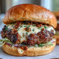 Crispy-edged smash burger topped with melty American cheese and tangy secret sauce, served on a toasted bun with lettuce and pickles.  