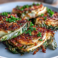 Golden roasted cabbage steaks seasoned with garlic and smoked paprika, finished with fresh lemon zest and parsley.  