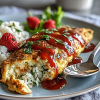 Plated Japanese Omurice with fluffy egg, vibrant ketchup rice, and a sweet drizzle.