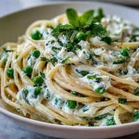 Creamy lemon ricotta pasta with vibrant peas and fresh mint, a light springtime dinner.