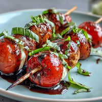 Mini Caprese salad skewers glistening with balsamic glaze, a vibrant, easy appetizer.